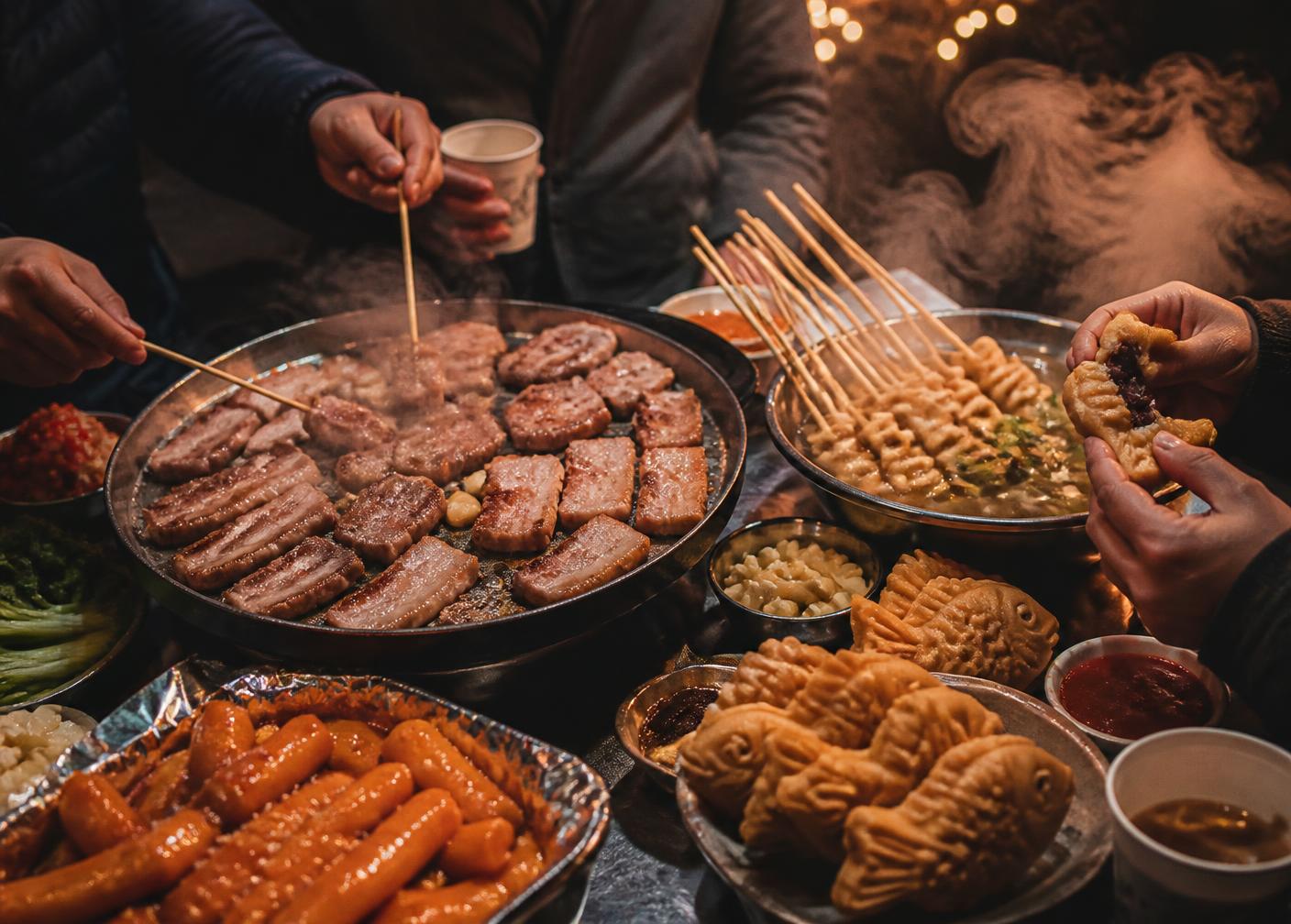 완주자 푸드존의 돼지 바베큐, 오뎅, 붕어빵, 떡